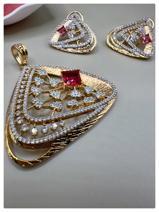 Elegant Gold-Plated Pendant Necklace & Earring Set,Ruby and cubic zarconia