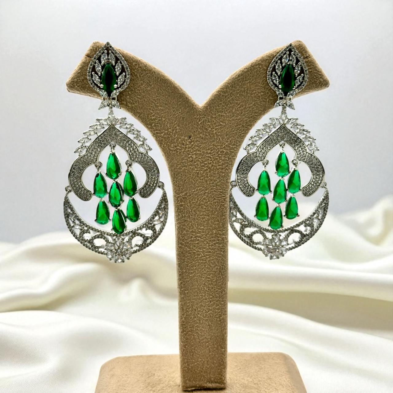 Elegant Emerald Green Dangle Earrings with Silver Filigree - Luxurious Statement Jewelry