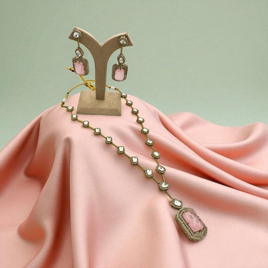 Designer Long Mala Necklace with Pink Doublet and Antique Gold Finish - Elegant Traditional Jewelry