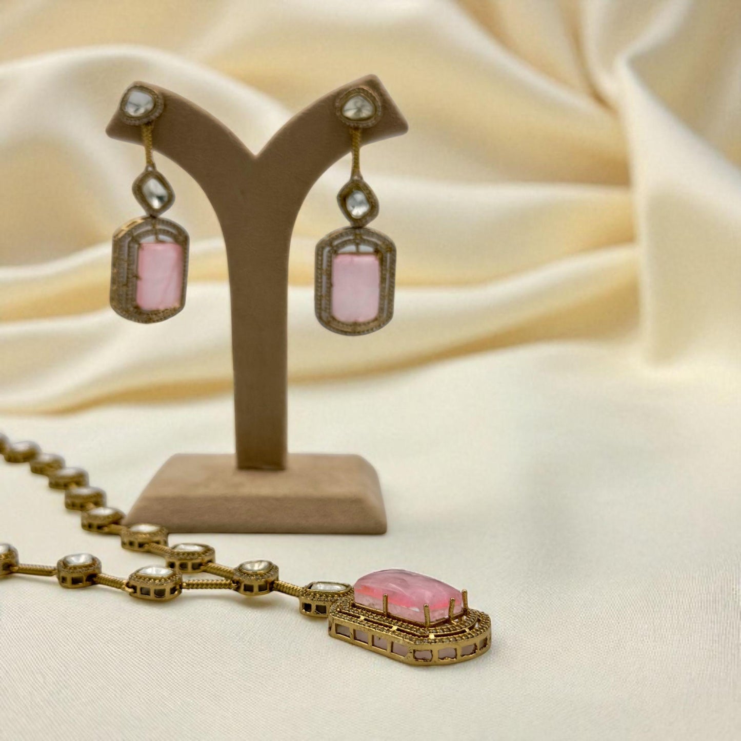 Designer Long Mala Necklace with Pink Doublet and Antique Gold Finish - Elegant Traditional Jewelry