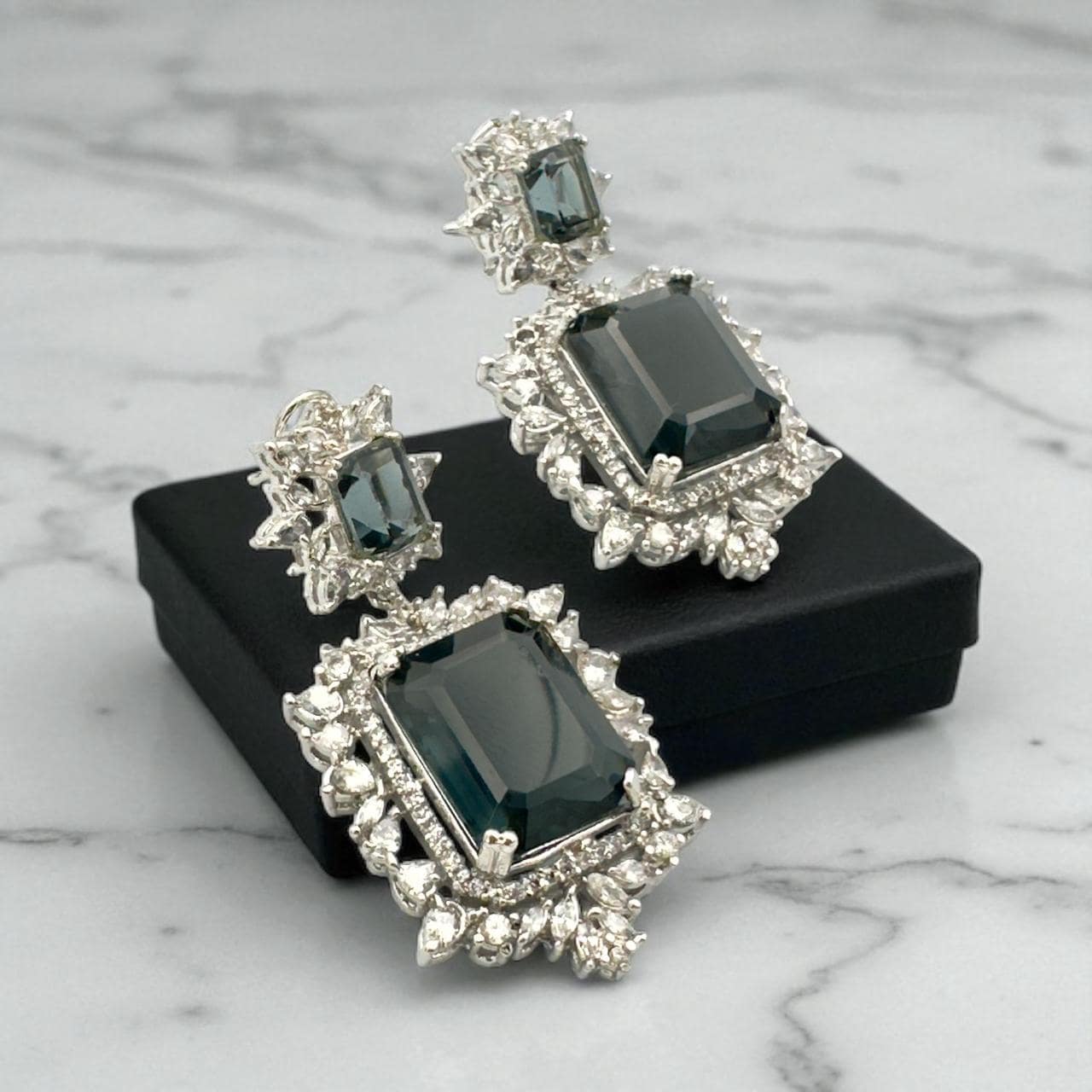 Designer Silver Plated Emerald Cut Earrings with Cubic Zirconia Accents - Elegant Statement Jewelry