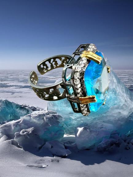 Blue Stone Ring with Cz Stones | Openable Fit 6/7/8 | Silver & Gold Accents