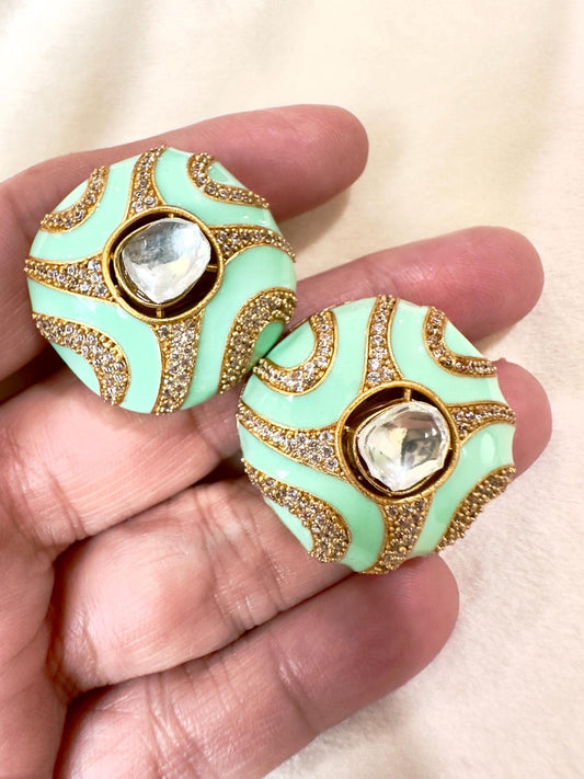 Bollywood Indian enameled studs teal green color gold finish