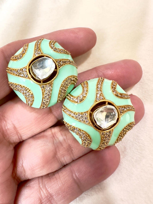 Bollywood Indian enameled studs teal green color gold finish