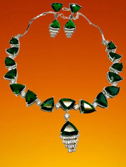 Green Emerald Color Cubic Zirconia CZ Necklace Set with Earrings Rhodium Polish Designer Jewelry