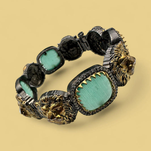 Old School Openable Bangle Chunky | Lion Motif Gold & Silver with Mint Green Stones