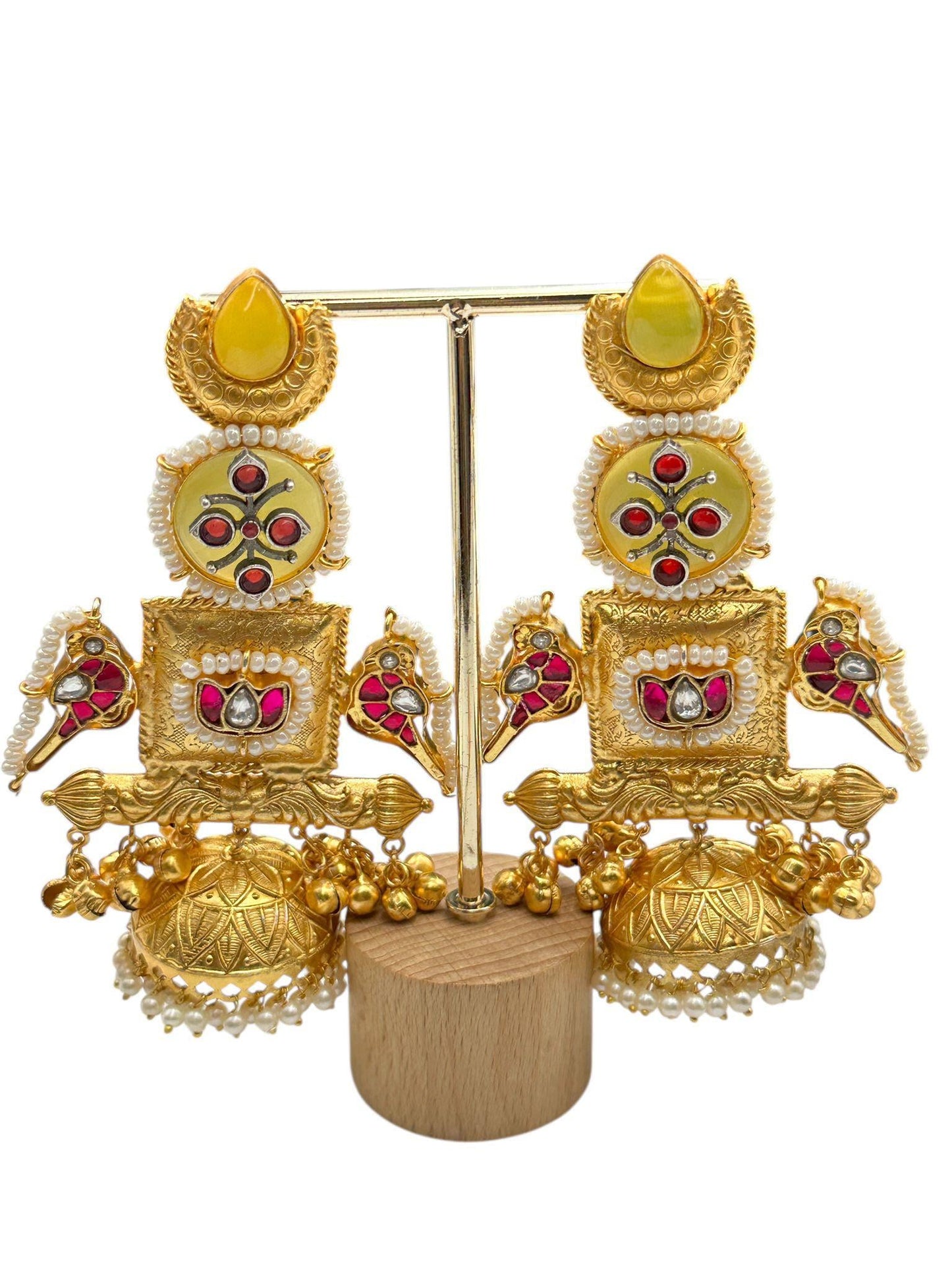 Traditional Gold Tone Earrings with Yellow, Red, White Stones & Pearls