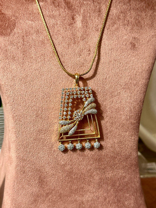 Gold Rectangle Pendant Necklace and Earrings Set, Floral Cubic Zirconia