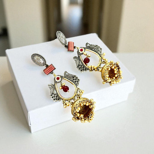 Bollywood Style Dual-Tone Jhumka Earrings with Stones & Intricate Design