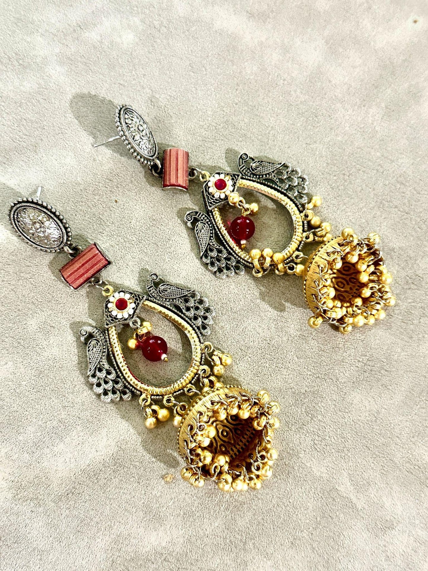 Bollywood Style Dual-Tone Jhumka Earrings with Stones & Intricate Design