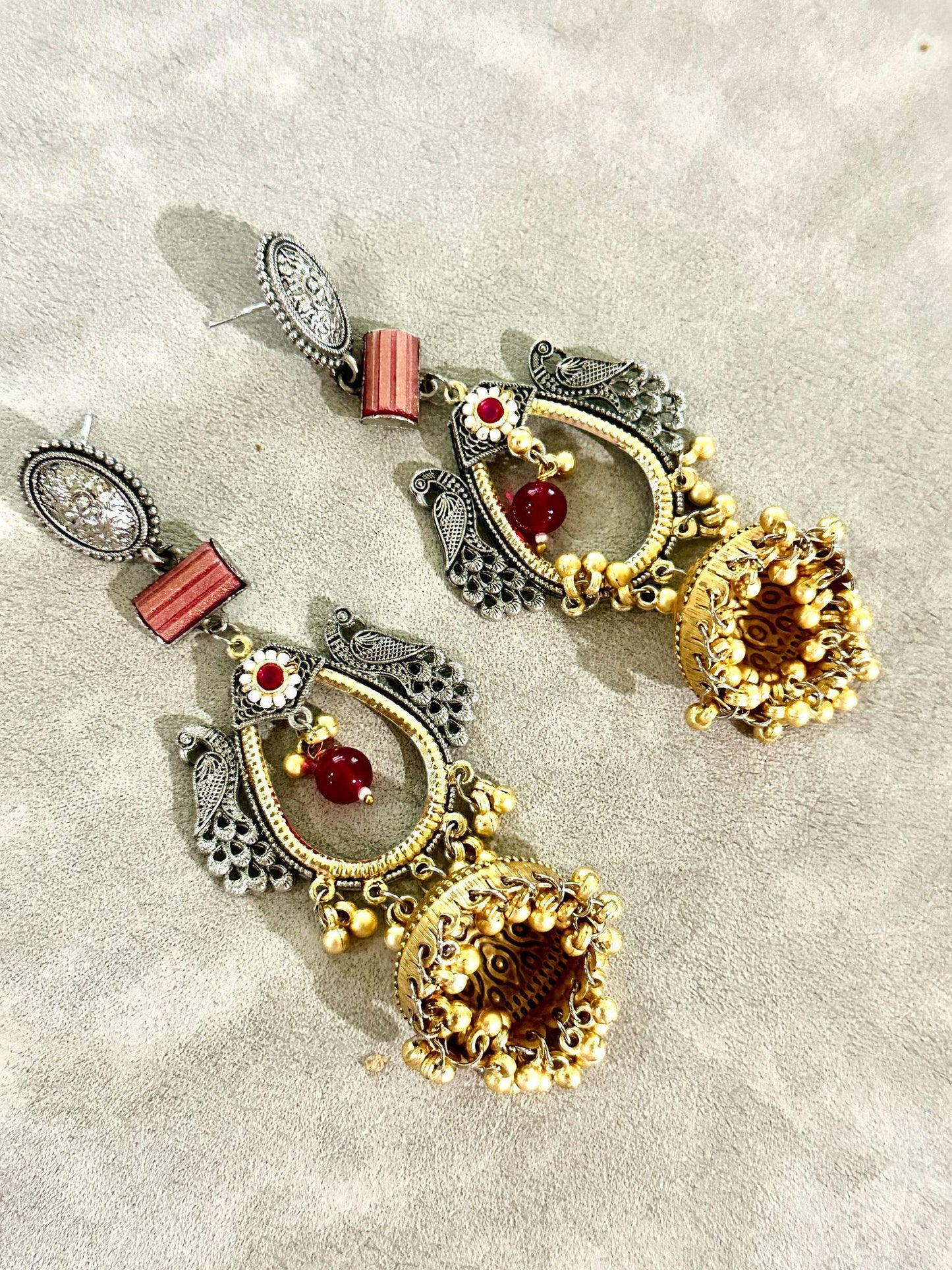 Bollywood Style Dual-Tone Jhumka Earrings with Stones & Intricate Design