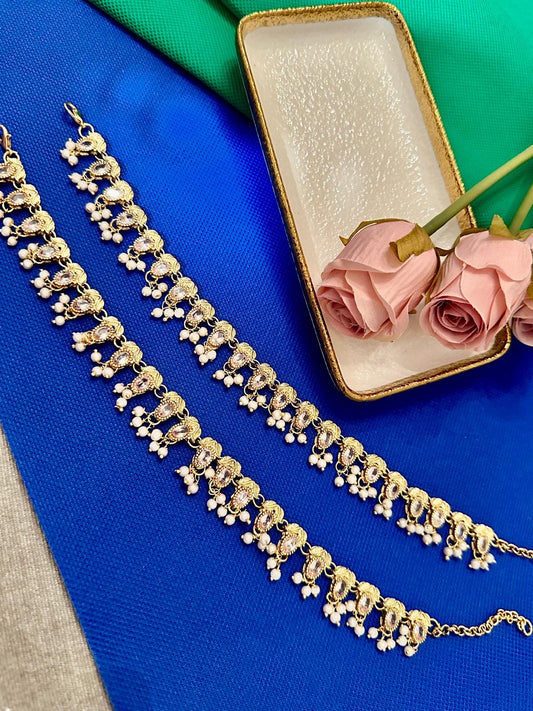 Payal / Anklet Gold Finish with Pearls & Clear Stones
