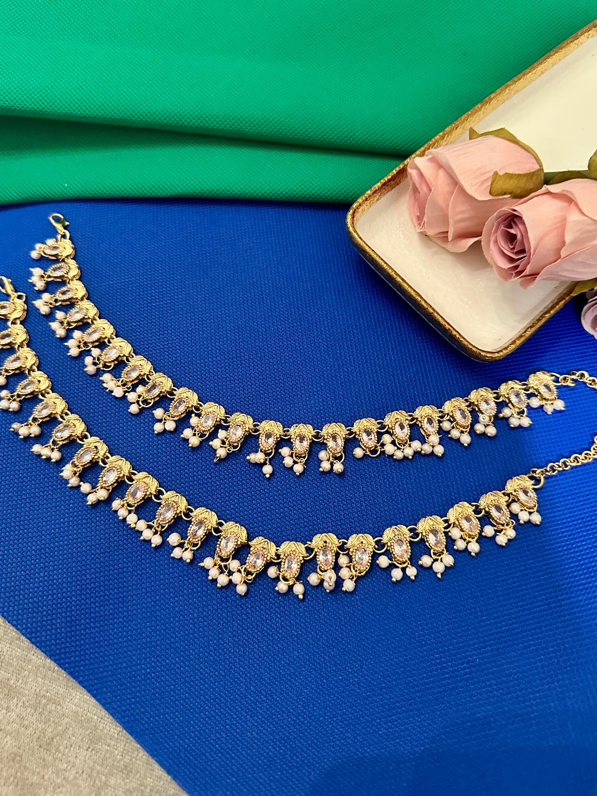 Payal / Anklet Gold Finish with Pearls & Clear Stones