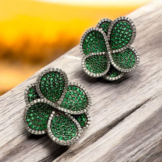 Luxurious Four-Leaf Clover Earrings - Orange, Green, and Pink Rhinestone Studs with Silver-Toned Setting
