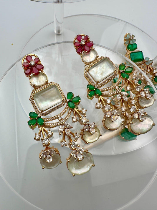 Bollywood Indian Designer high end Earrings with doublet stone,gold finish,Victorian,Ad stones