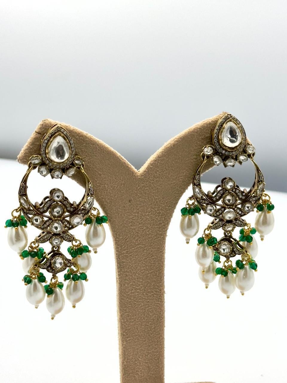 Kundan Chandbali Earrings – Emeralds and Pearls, Indian Jhumka Jewelry