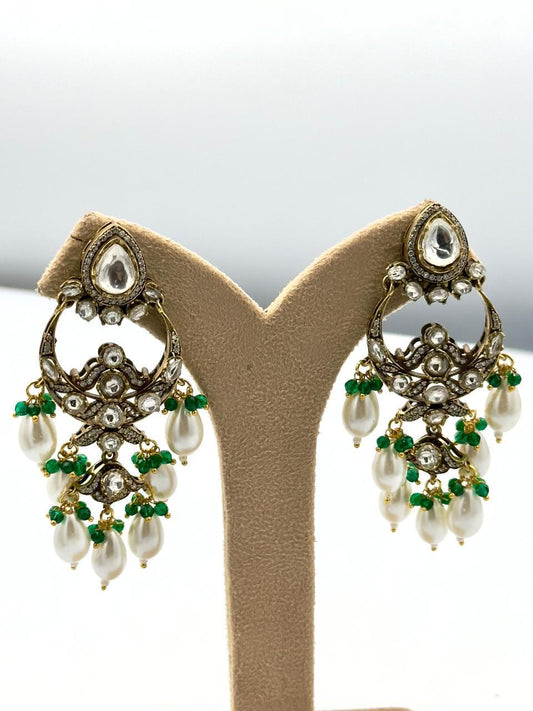 Kundan Chandbali Earrings – Emeralds and Pearls, Indian Jhumka Jewelry