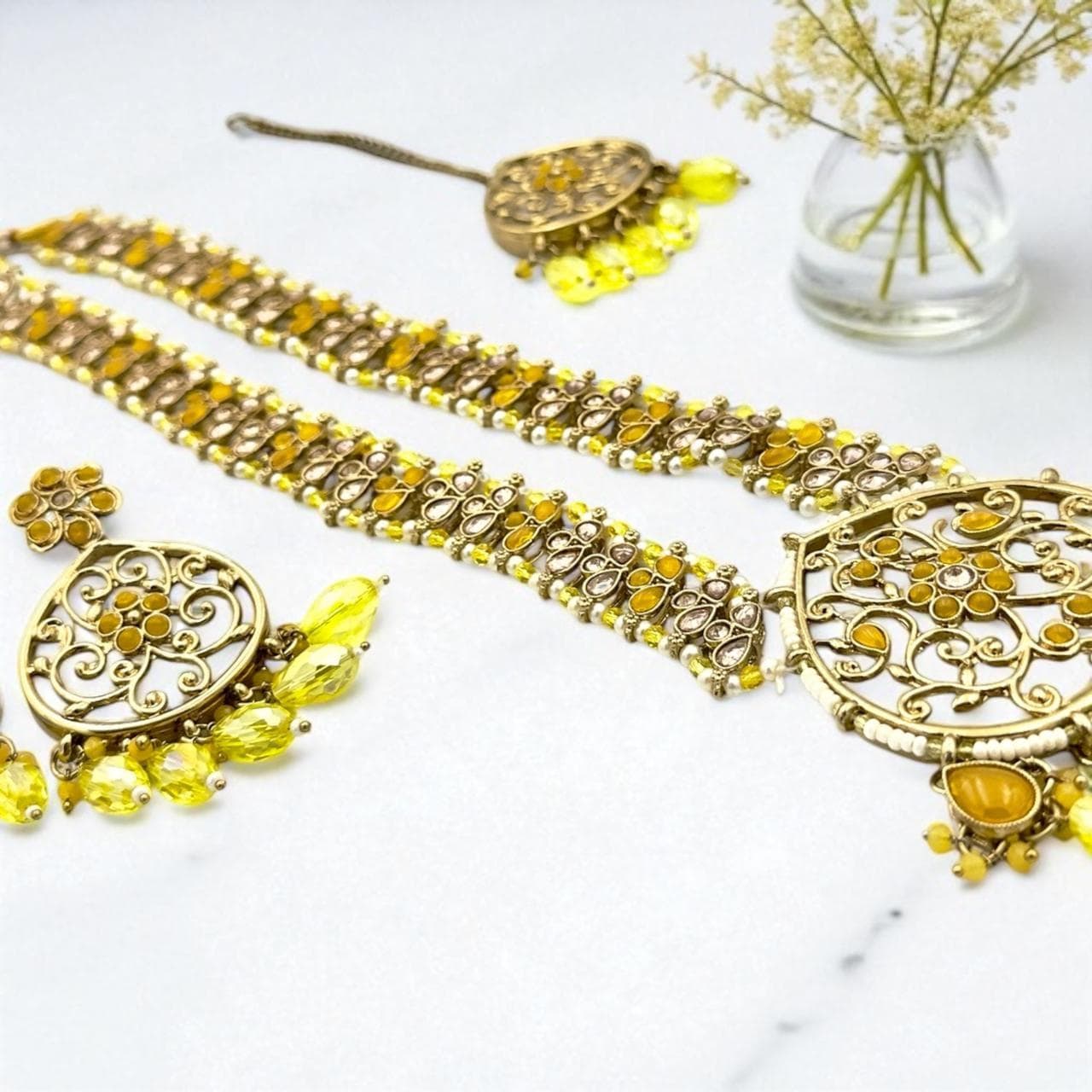 Elegant Golden Mala Set with Yellow Stones - Traditional Indian Jewelry for Weddings and Festivals