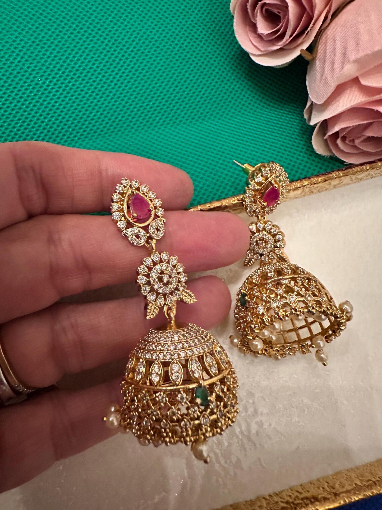 Bollywood Indian Designer Earrings jhumki in ad ruby and emerald green stones.