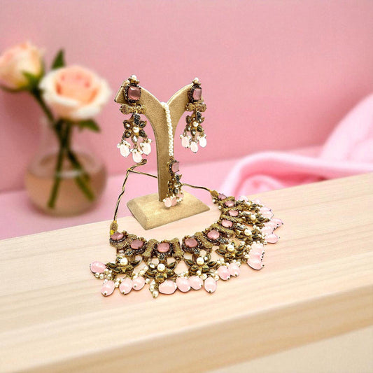 Bollywood ethnic Indian designer necklace set antique gold finish soft pink