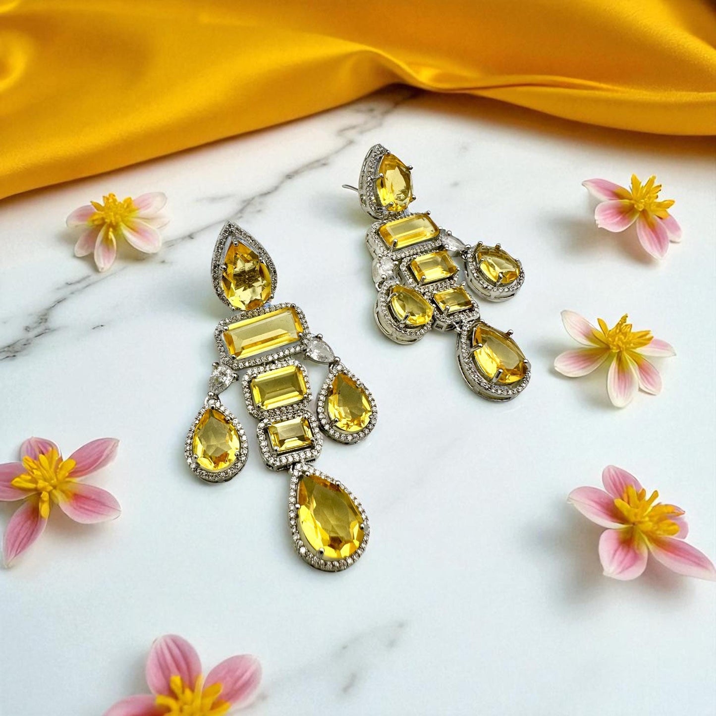 Bollywood Indianyellow citrine Designer Earrings with ad stone cubic zarconia silver plated,Victorian