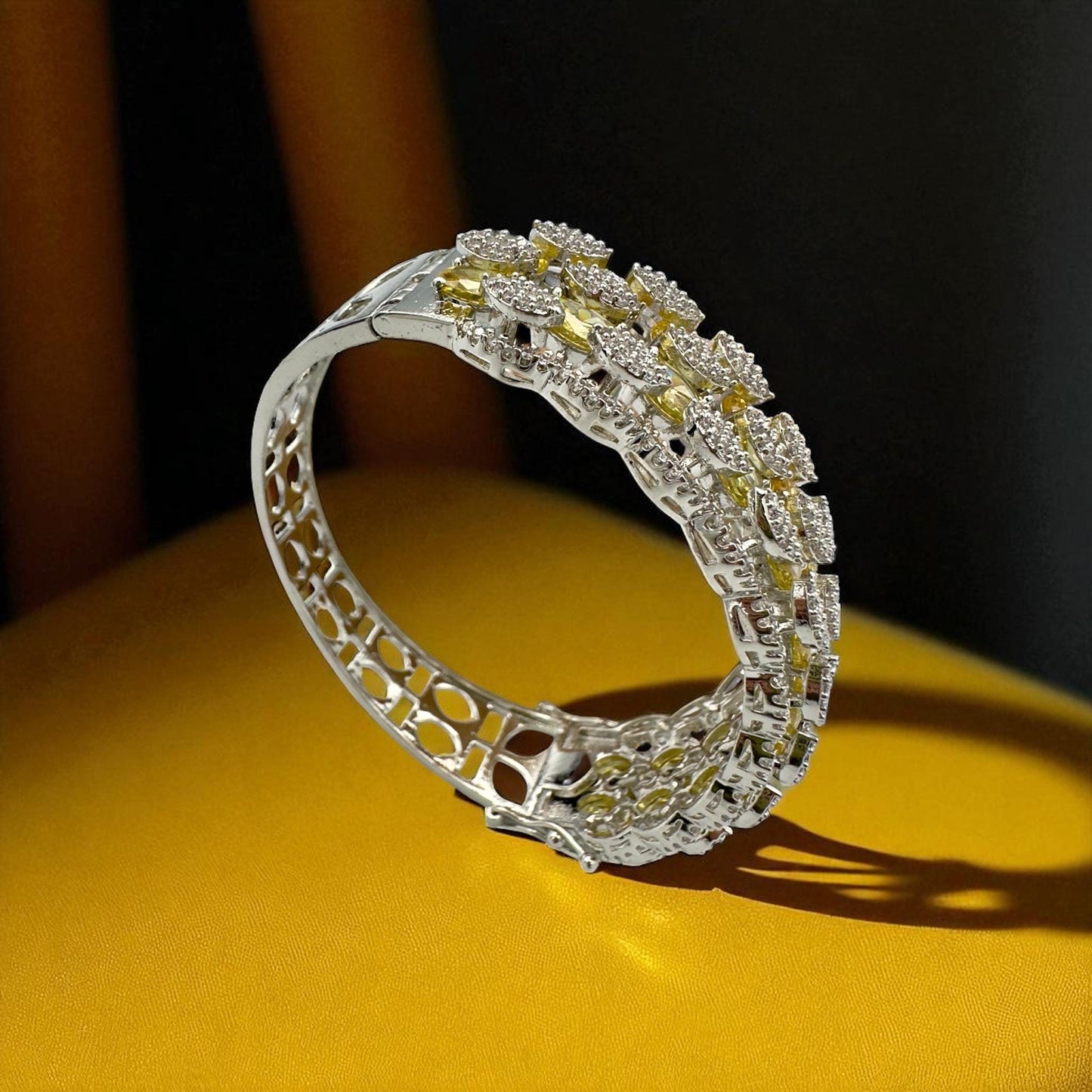Citrine Yellow Bangle, Rhodium Plated, CZ Stone Setting, Fits 2.4-2.6