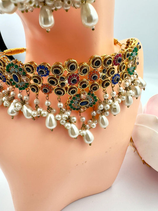 Gold-Plated Indian Jhumka Necklace Earring Set, Multicolor Stones & Pearls