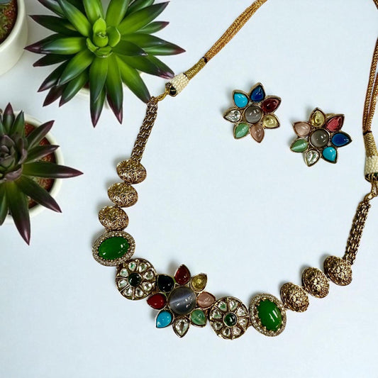 Exquisite fusion Necklace set designer Multicolor Stones and Pearls - Traditional Indian Jewelry