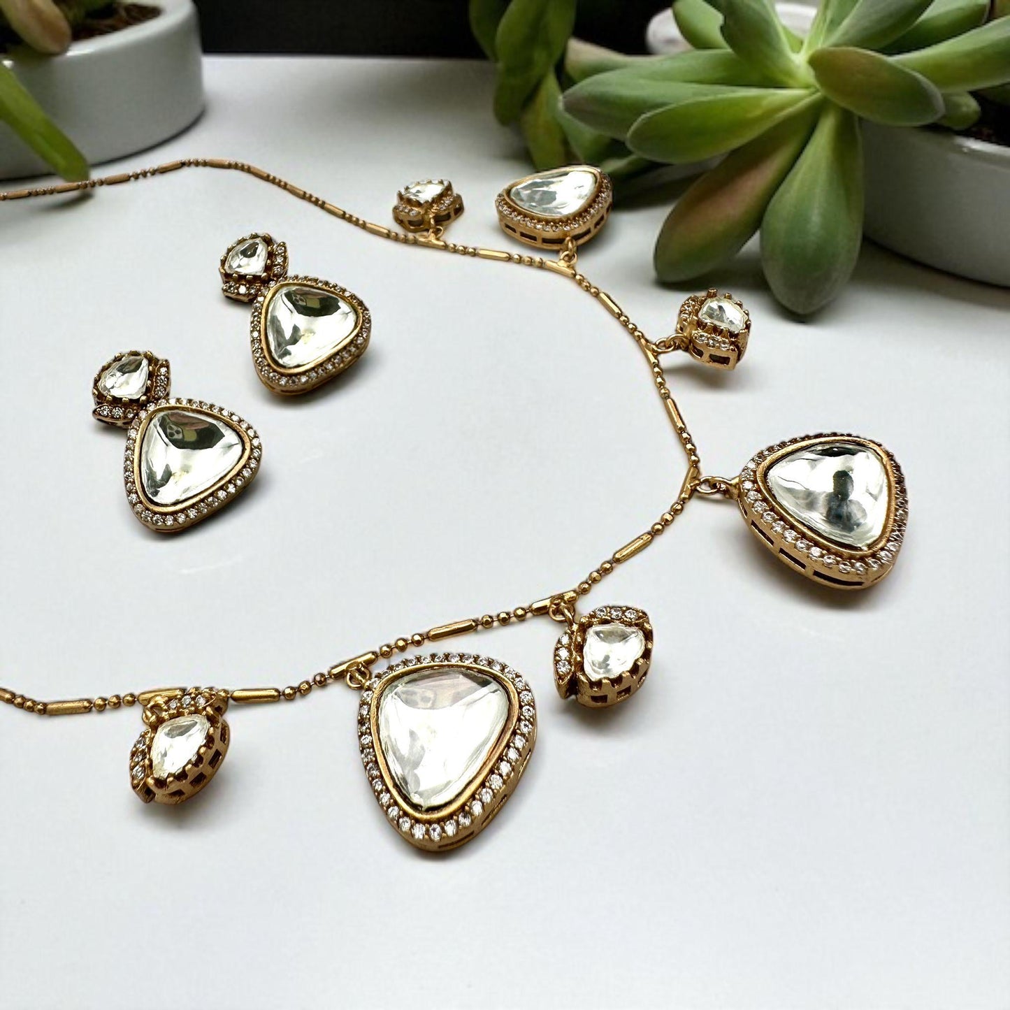 Bollywood inspired Elegant Gold Kundan Necklace Set with Teardrop Stones - Traditional Indian Jewelry