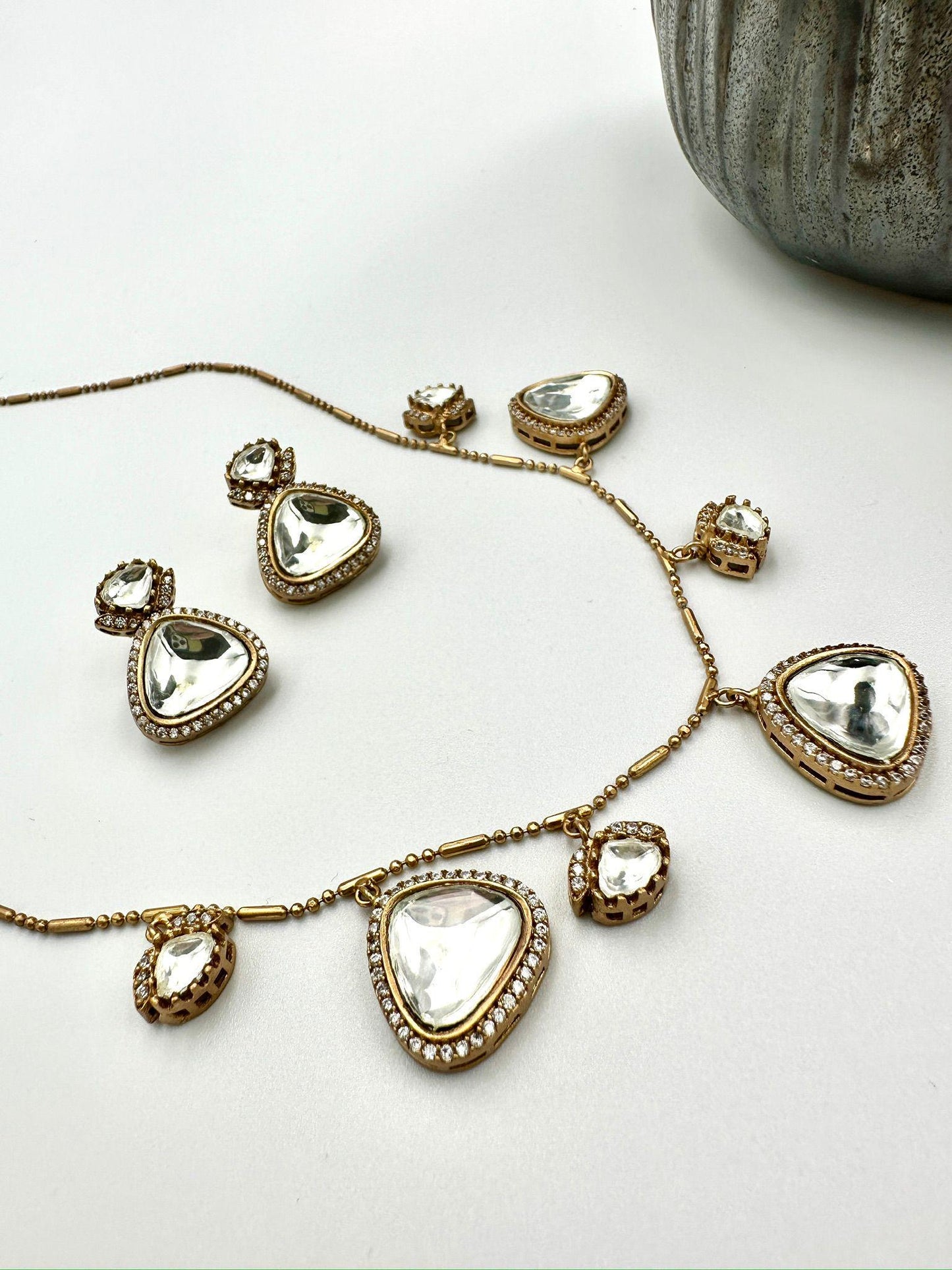 Bollywood inspired Elegant Gold Kundan Necklace Set with Teardrop Stones - Traditional Indian Jewelry