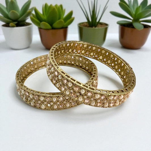 Elegant Gold Kundan Bangles with Pearl Stones - Traditional Indian Jewelry for Women