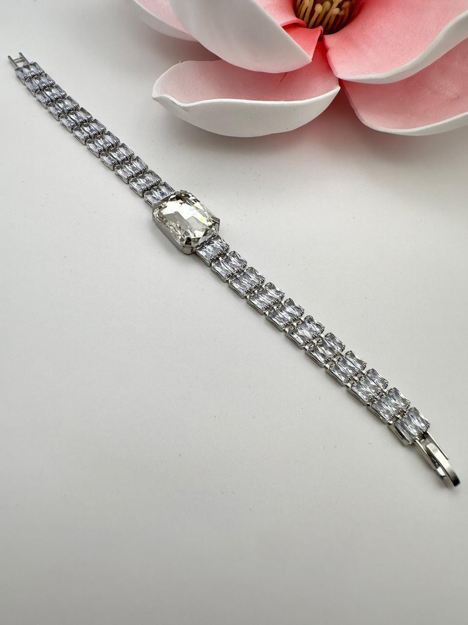 Emerald Cut Crystal Tennis Bracelet – Silver Tone, Luxury Jewelry