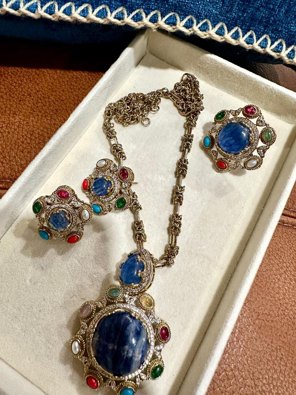 Elegant Pakistani Multani Naqshi Set - Gold-Toned Necklace, Earrings, and Ring with Multicolored Stones