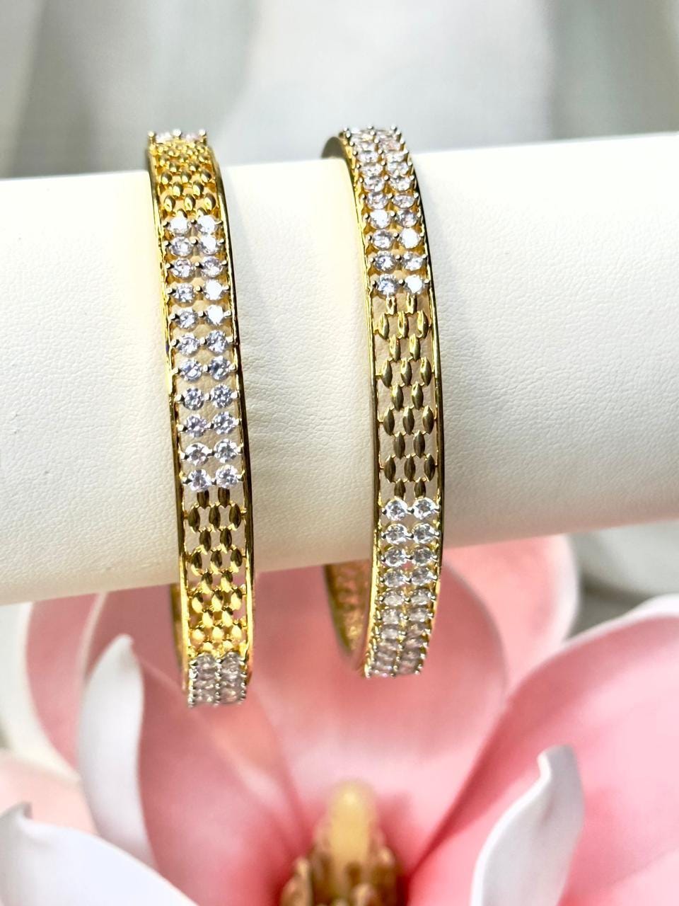 Gold Plated Diamond Bangle – Adjustable Hinged Bracelet