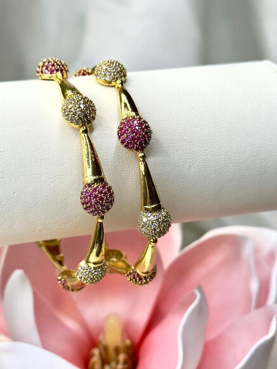 18k Gold Bangle Bracelet – Ruby and Diamond Ball Accents