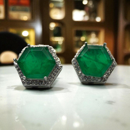 Designer Ad Stones with Emerald Green Studs Bangle Bracelet - Silver Plated with Clear Crystals
