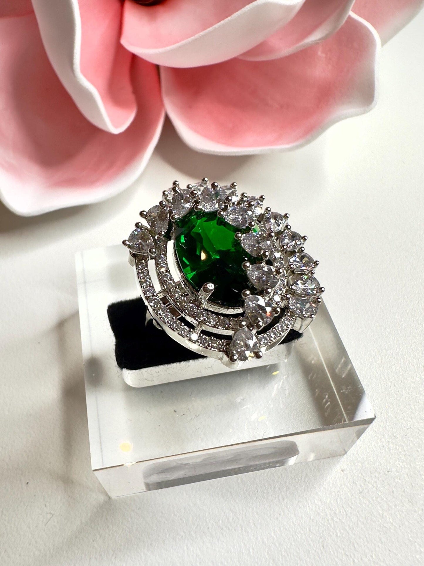 Maha rani silver plated cubic zarconia bold ring green emerald stone