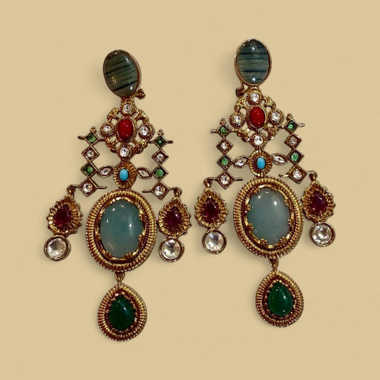 Bollywood Indian Designer Earrings with doublet stone gold plated,Victorian statement piece