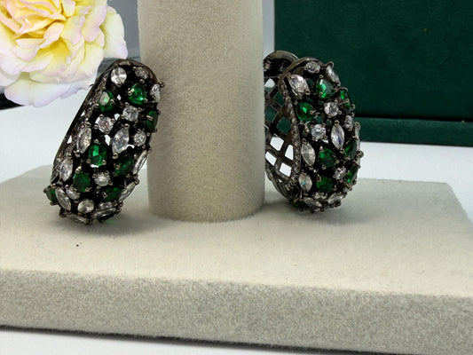 BIG Bali Hoops Silver Oxidized Crystal Glamorous Earrings Pakistan Jewelry