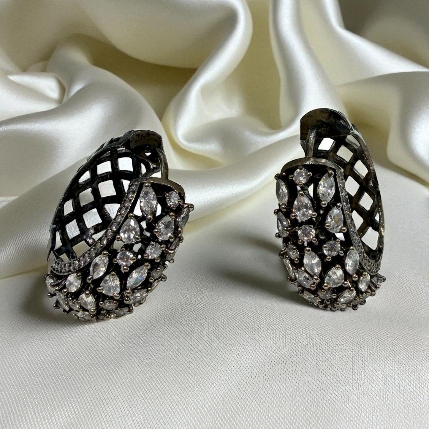BIG Bali Hoops Silver Oxidized Crystal Glamorous Earrings Pakistan Jewelry