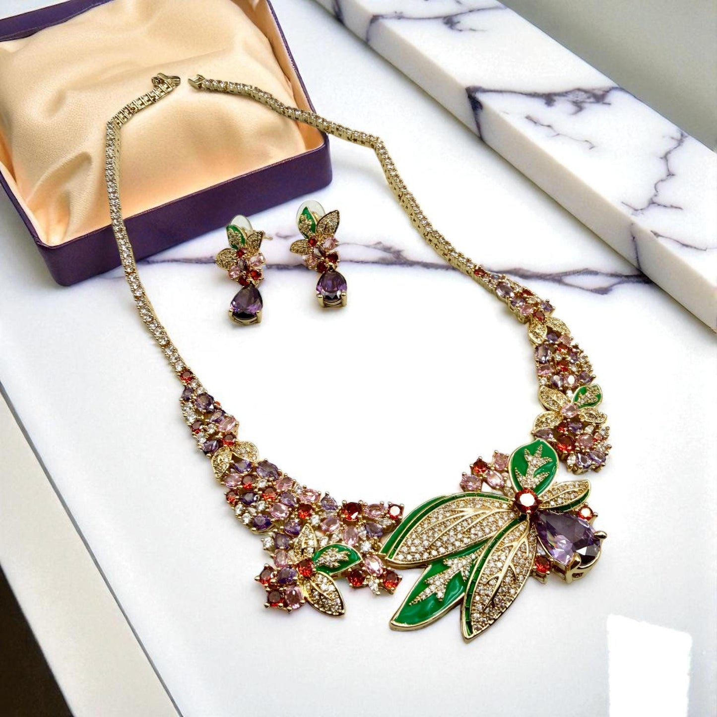 Designer Floral Necklace Set – Sapphire, AD Stones, Green Enamel