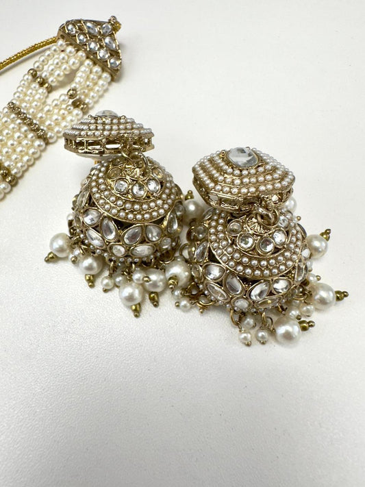 Kundan Pearl Necklace Set – Gold Plated Indian Jewelry, Earrings, Tika