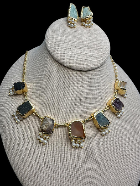 Turkish Necklace and Studs Set - Semi-Precious Stones with Pearls