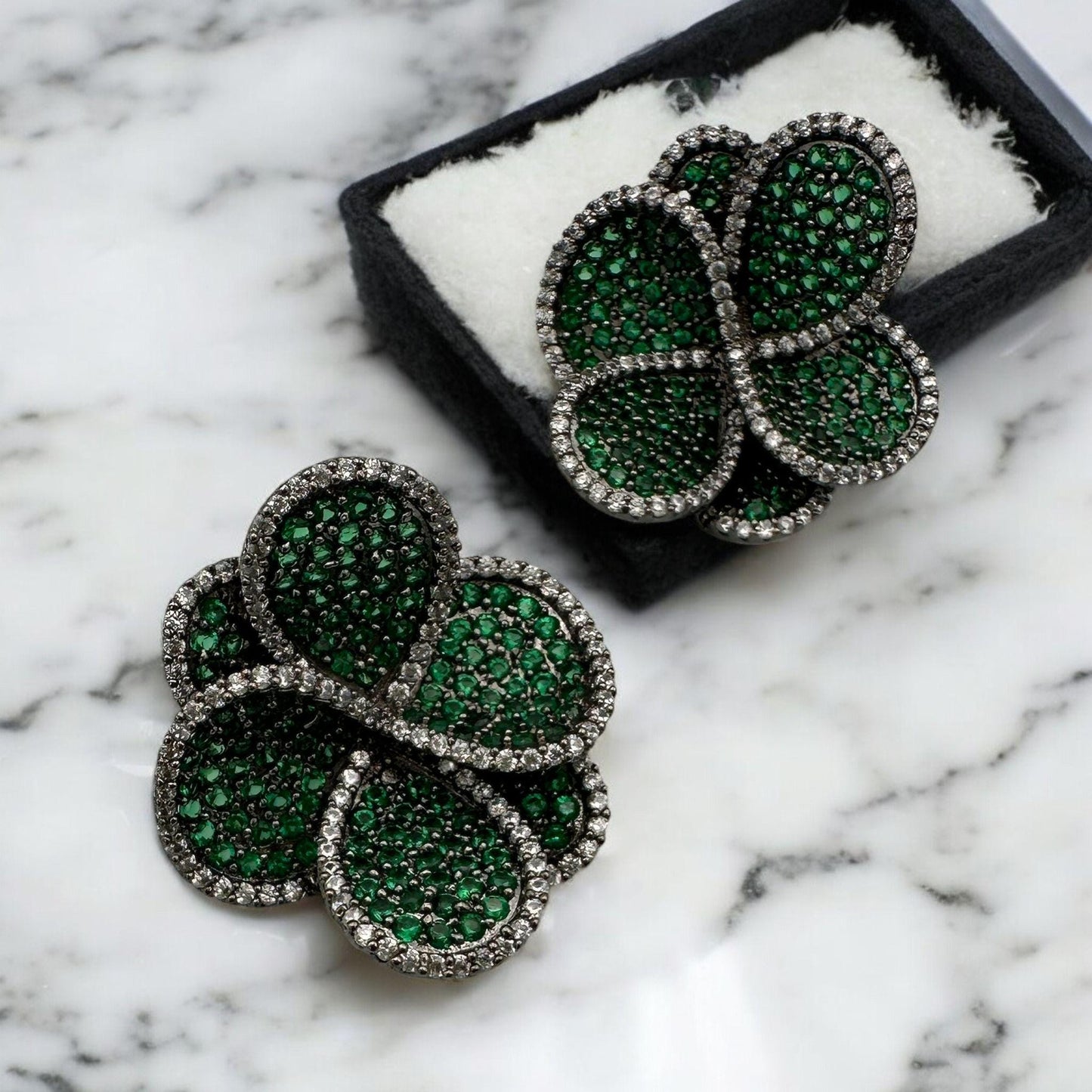 Luxurious Four-Leaf Clover Earrings - Orange, Green, and Pink Rhinestone Studs with Silver-Toned Setting
