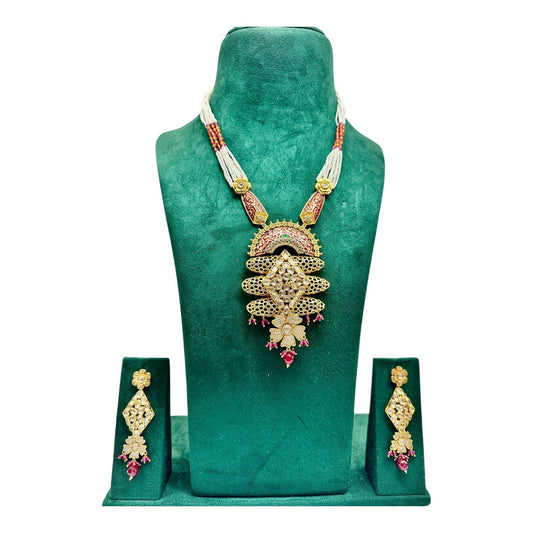 Gold Plated Bollywood Mala Set – Ruby, Emerald, and Pearls
