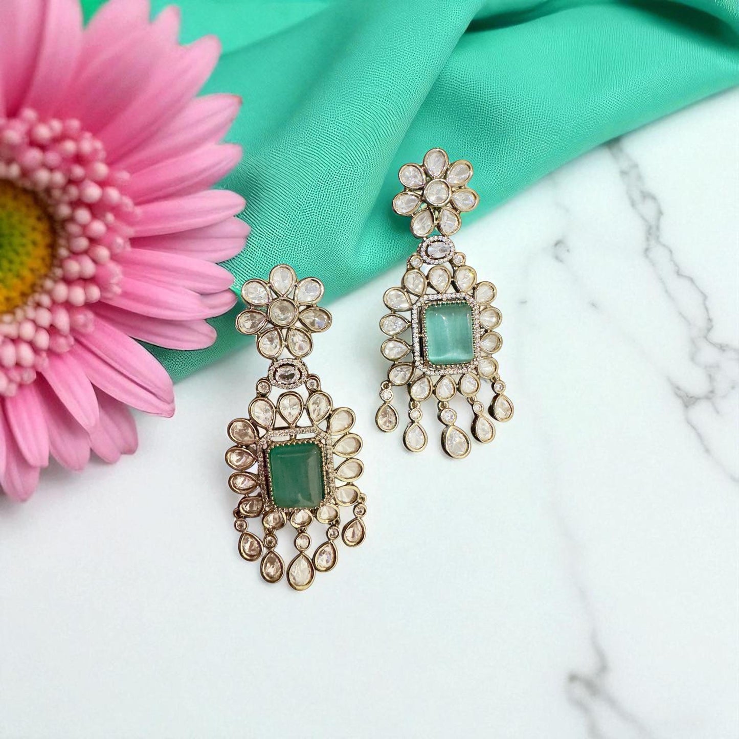 Bollywood doublet monzonite Indian Designer statement large Earrings , gold finish,Victorian,Ad stones