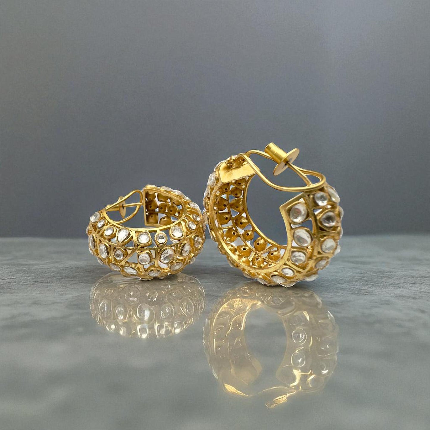 Gold Plated Bali Hoop Earrings - Matt Finish, Gemstone Accents