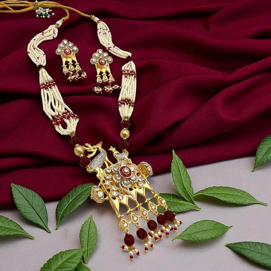 Ruby & Pearl Brass Mala Set: Indian Designer Jewelry