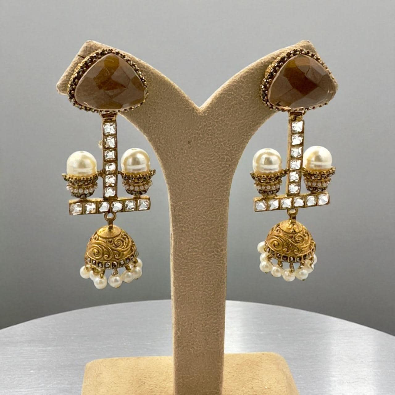 Elegant Gold-Toned Kundan Jhumka Earrings with Pearls - Traditional Indian Jewelry