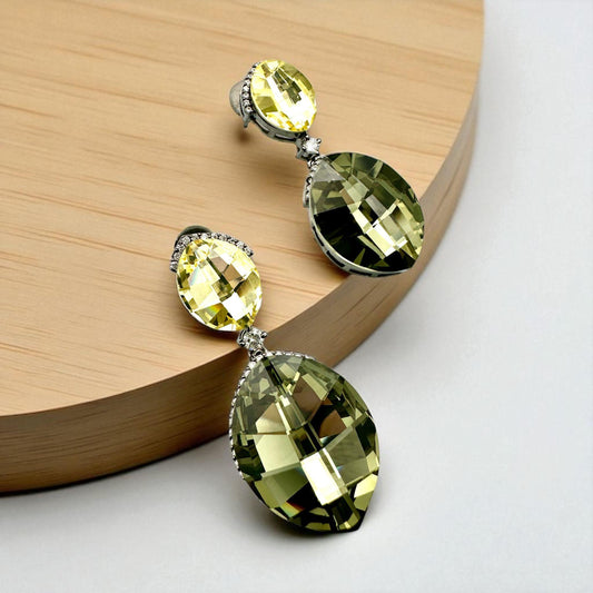 Elegant Green Crystal Drop Earrings with Silver Accents - Statement Jewelry for Women